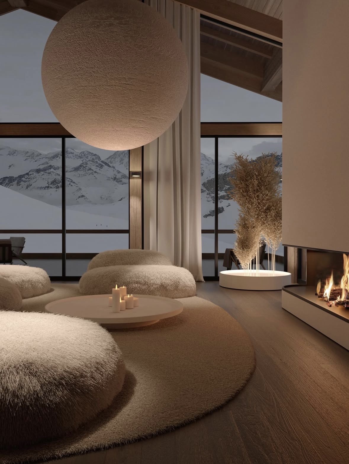 Alpine chalet living room with open fire, shearling seating and floor-to-ceiling windows onto snow-covered mountains